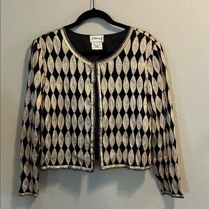 Vintage‎ Stenay Elegant Black and Gold Art Deco Leaf Embroidered Jacket Silk